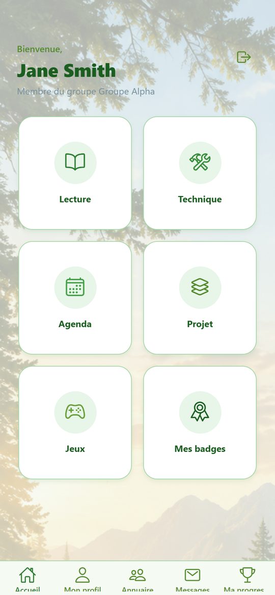 L'accueil d'AppScouts : six tuiles — Lecture, Technique, Agenda, Projet, Jeux, Mes badges.